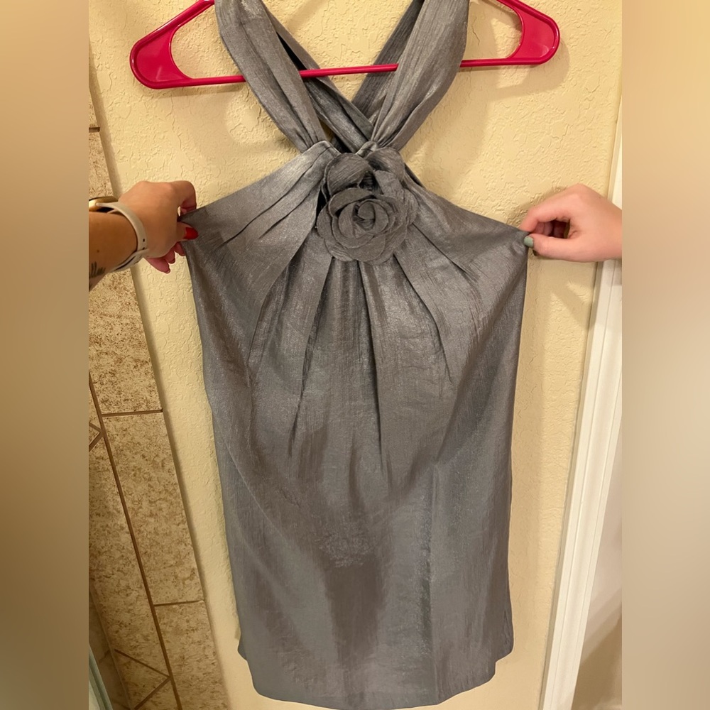 Silver semi formal mini dress with flower detail